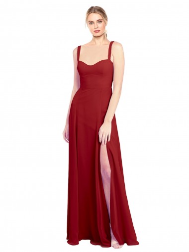 Online Sweetheart Neckline Long Chiffon Bridesmaid Dress with Side Slit and Wide Straps