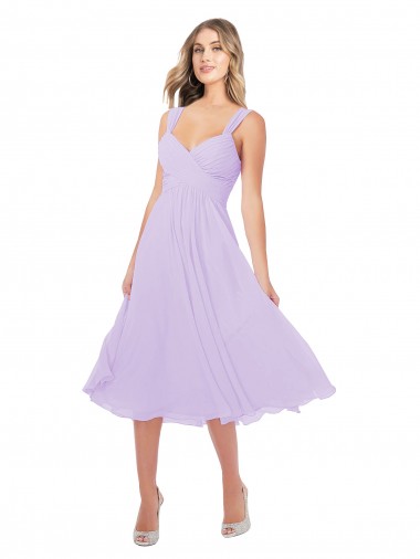 Online Draped Midi Length Chiffon Cocktail Bridesmaid Dress with Ruched Bodice
