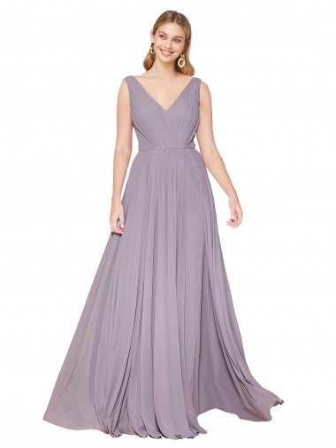 Online Draped Floor Length High Neck V-Back Chiffon Bridesmaid Dress / Formal Prom Dress with Shirred Bodice