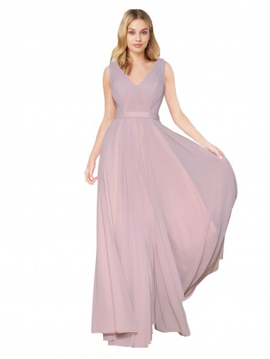 Online Draped V-Neck Long Chiffon Bridesmaid Dress / Formal Prom Dress with Shirred Bodice