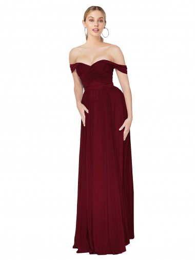 Online Shirred Sweetheat Neckline Off the Shoulder Long Chiffon Bridesmaid Dress / Formal Prom Dress