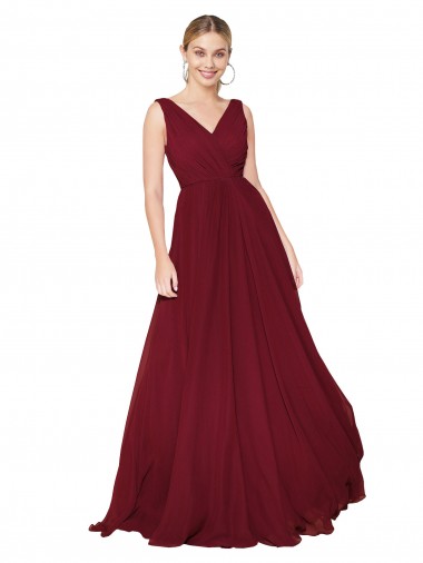 Online Draped A-Line V-Neck Floor Length Chiffon Bridesmaid Dress / Formal Prom Dress