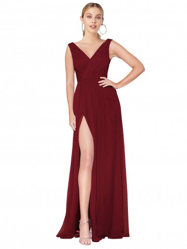 Online Draped Mermaid Long V-Neck Chiffon Bridesmaid Dress / Formal Prom Dress with High Slit