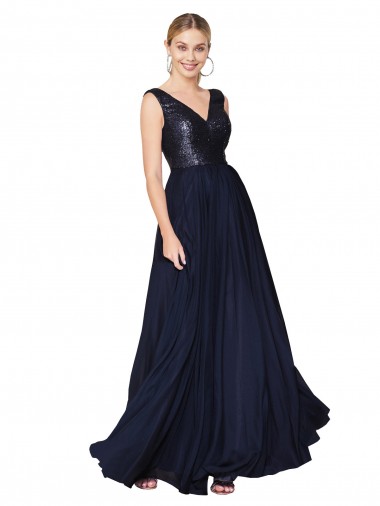 Online High Neck V-Neck Long Chiffon Bridesmaid Dress / Prom Dress with Sequin Top