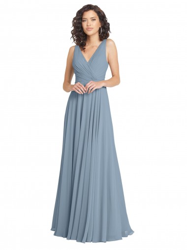 Online Faux Surplice Bodice Long Chiffon Bridesmaid Dress with V-Neckline