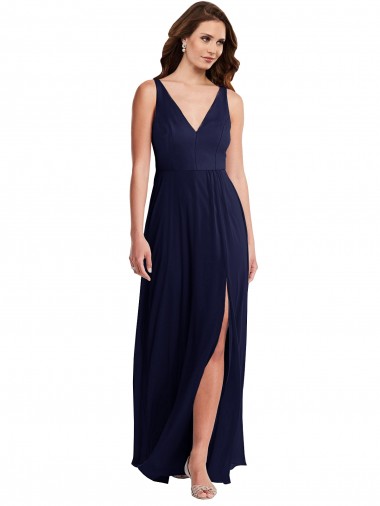 Online Deep V-Neck Chiffon Maxi Bridesmaid Dress with Front Slit