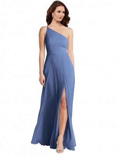 Online One Shoulder Full Length Maxi Formal Bridesmaid Dress with Flirty Slit