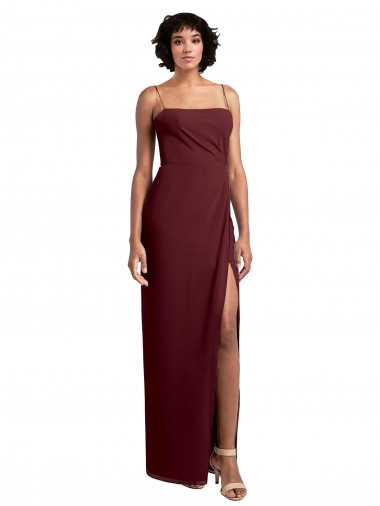 Online Sleek Straight Neckline Chiffon Bridesmaid Dress with Spaghetti Straps and High Side Slit