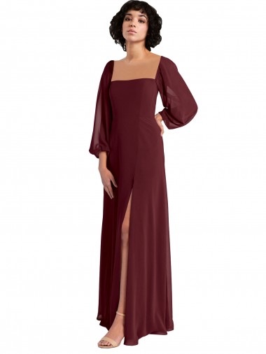 Online Sheer Long Sleeves Chiffon Bridesmaid Dress with High Slit