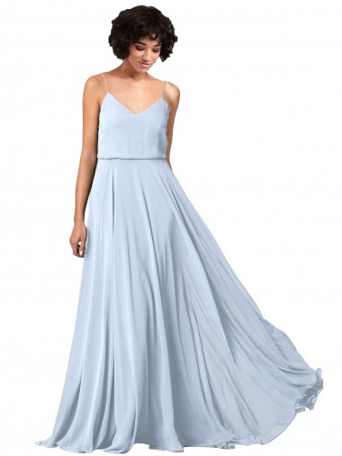 Online V-Neck Blouson Waist Long Chiffon Bridesmaid Dress with Straps