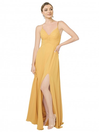 Online Ruched Chiffon Bridesmaid Dress with Pockets & Tie Back Detail