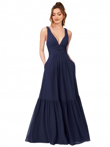 Online Floor Length Deep V-Neck Ruched Chiffon Long Bridesmaid Dress