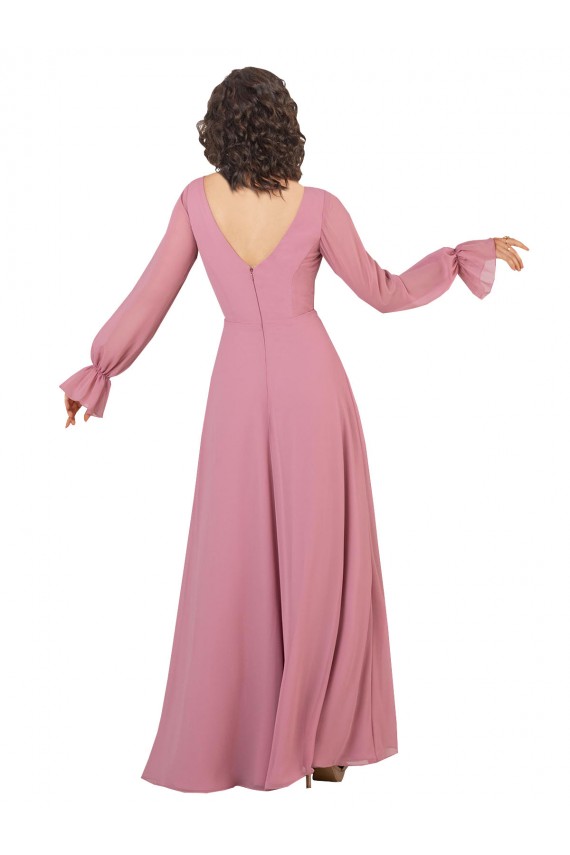 Long Sleeve Chiffon Bridesmaid Dress with Bow Detail