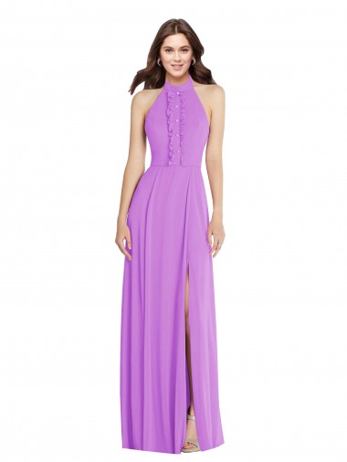 Online Halter Backless Maxi Formal Bridesmaid Dress with Button Ruffle Placket