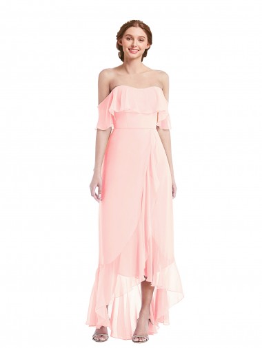 Online Off the Shoulder Ruffled High Low Maxi Bridesmaid Dress