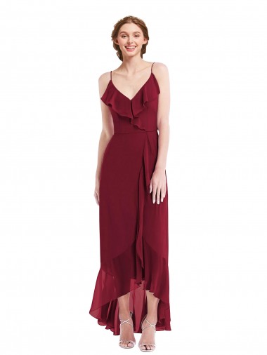 Online Ruffle Trimmed V-Neck High Low Wrap Chiffon Bridesmaid Dress