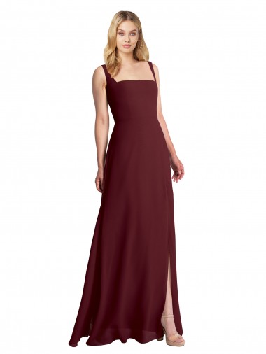 Online Square Neckline Soft A-Line Chiffon Bridesmaid Dress with Side Slit