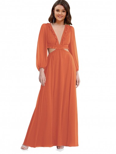 Online High Low Ruffled Long Chiffon Cutout Bishop Sleeves Maxi Bridesmaid Dress