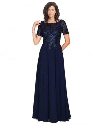 Online Short Sleeves A-Line Long Chiffon Bridesmaid Dress / Prom Dress with Beaded Bodice