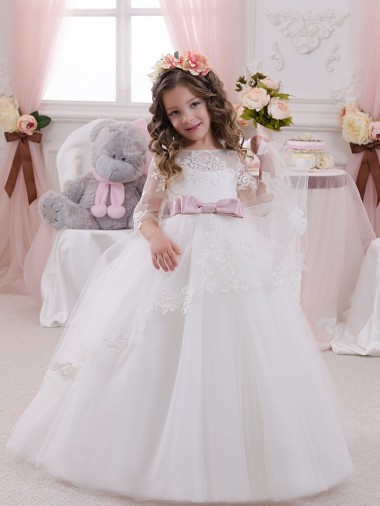 Online Ivory Ball Gown Bateau Neck Long Chapel Train Sleeveless Flower Girl Dress