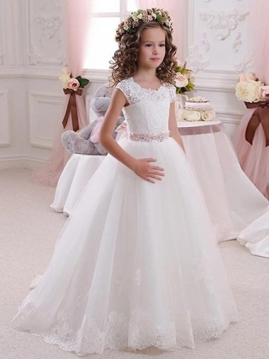 Online Ivory Ball Gown High Neck Floor Length Keyhole Back Flower Girl Dress