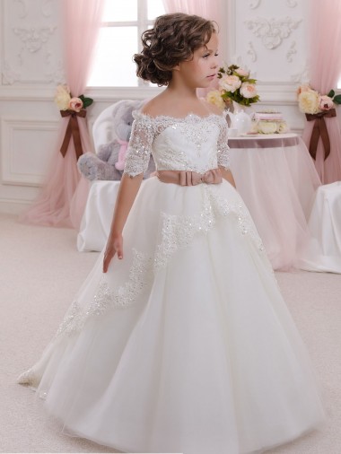 Online Ivory Ball Gown High Neck Floor Length Short Sleeve Flower Girl Dress