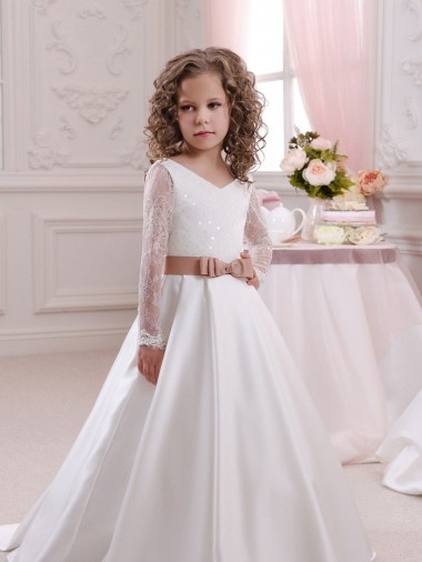 Online Ivory Ball Gown V-Neck Chapel Train Long Sleeve Flower Girl Dress
