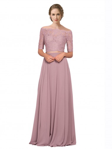 Online Off the Shoulder Lace Crop Top A-Line Chiffon Bridesmaid Dress / Prom Dress