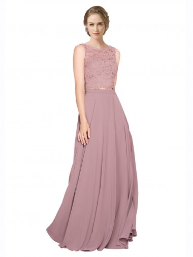 Online Long A-Line Chiffon Bridesmaid Dress / Prom Dress with Sleeveless Lace Crop Top