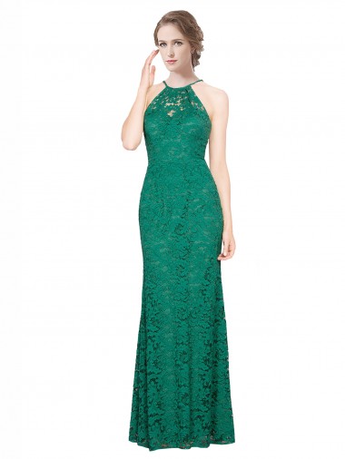Online High Illusion Halter Neck Long Lace Bridesmaid Dress / Prom Dress