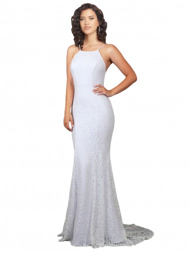 Online High Neck Backless Lace Wedding Dress with Plunging Low Back