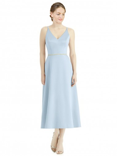 Online Short Tea Length V-Neck Satin Bridesmaid Dress