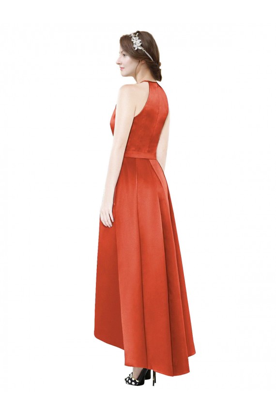 Full Length Halter Satin Bridesmaid Dress with Hi-Low Hem Detail