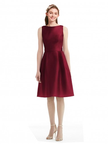 Online Short Midi Length Satin Cocktail Bridesmaid Dress with Bateau Neckline and V-Back