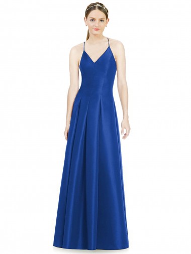 Online Full Pleated V-Neck Long Satin Bridesmaid Dress with Criss Cross Open Back