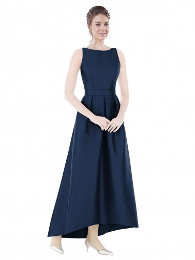 Online Full Length Sleeveless Long Satin Bridesmaid Dress with High Low Hem Detail