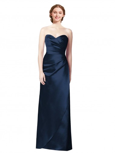 Online Faux Wrap A-Line Long Satin Bridesmaid Dress with Draped Bodice