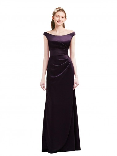 Online Off The Shoulder Long Satin Bridesmaid Dress with Asymmetrical Pleated Bodice