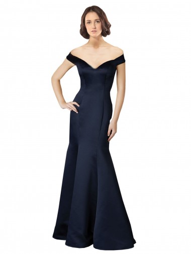 Online Fit and Flare Satin Bridesmaid Dress / Prom Dress with Off the Shoulder Neckline