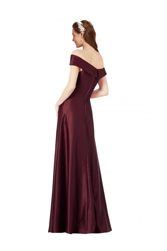 Long Off the Shoulder Formal Satin Bridesmaid Dress / Prom Dress with Thigh-high Slit