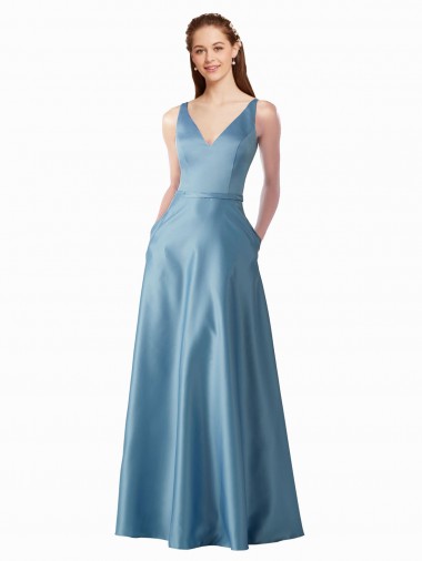 Online Classic Satin V-Neck A-Line Bridesmaids Dress with Pockets