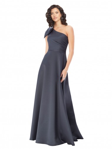 Online Rouched One Shoulder Floor Length Formal Satin Bridesmaid Dress / Prom Dress with Bow