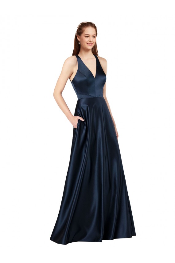 Long Formal Satin Bridesmaid Gown with Halter Neckline