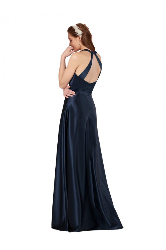 Long Formal Satin Bridesmaid Gown with Halter Neckline