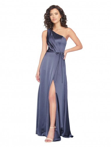 Online Draped Formal Silky Satin Bridesmaid Dress / Prom Dress with Tied Waist