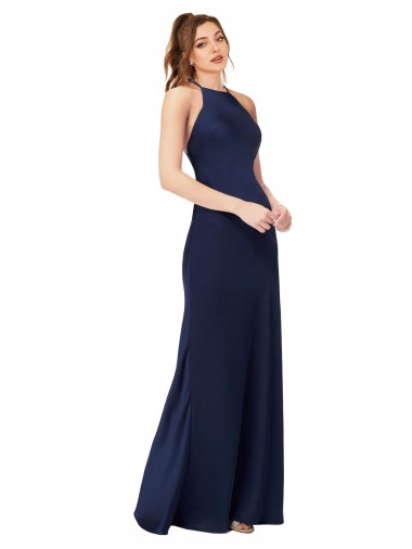 Online High Neck Satin Bridesmaid Dress / Prom Dress with Strappy Back