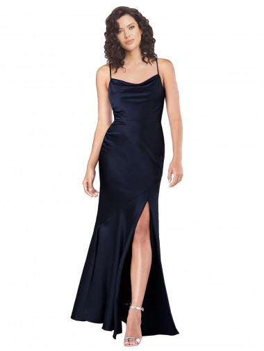 Online Draped Cowl Neck Formal Silky Satin Bridesmaid Dress / Prom Dress with Skirt Slit