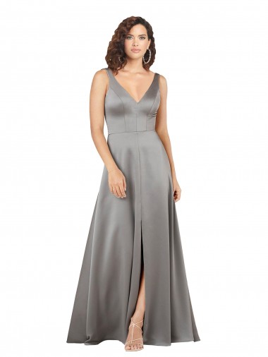 Online Plunging V-Neckline Long A-Line Formal Silky Satin Bridesmaid Dress / Prom Dress