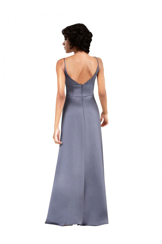 Full Length V-Neckline Formal Silky Satin Bridesmaid Dress / Prom Dress with Spaghetti Straps