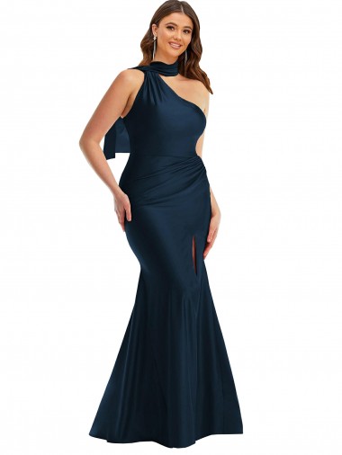 Online Scarf Neck One Shoulder Formal Silky Satin Mermaid Bridesmaid Dress / Prom Dress with Front Slit